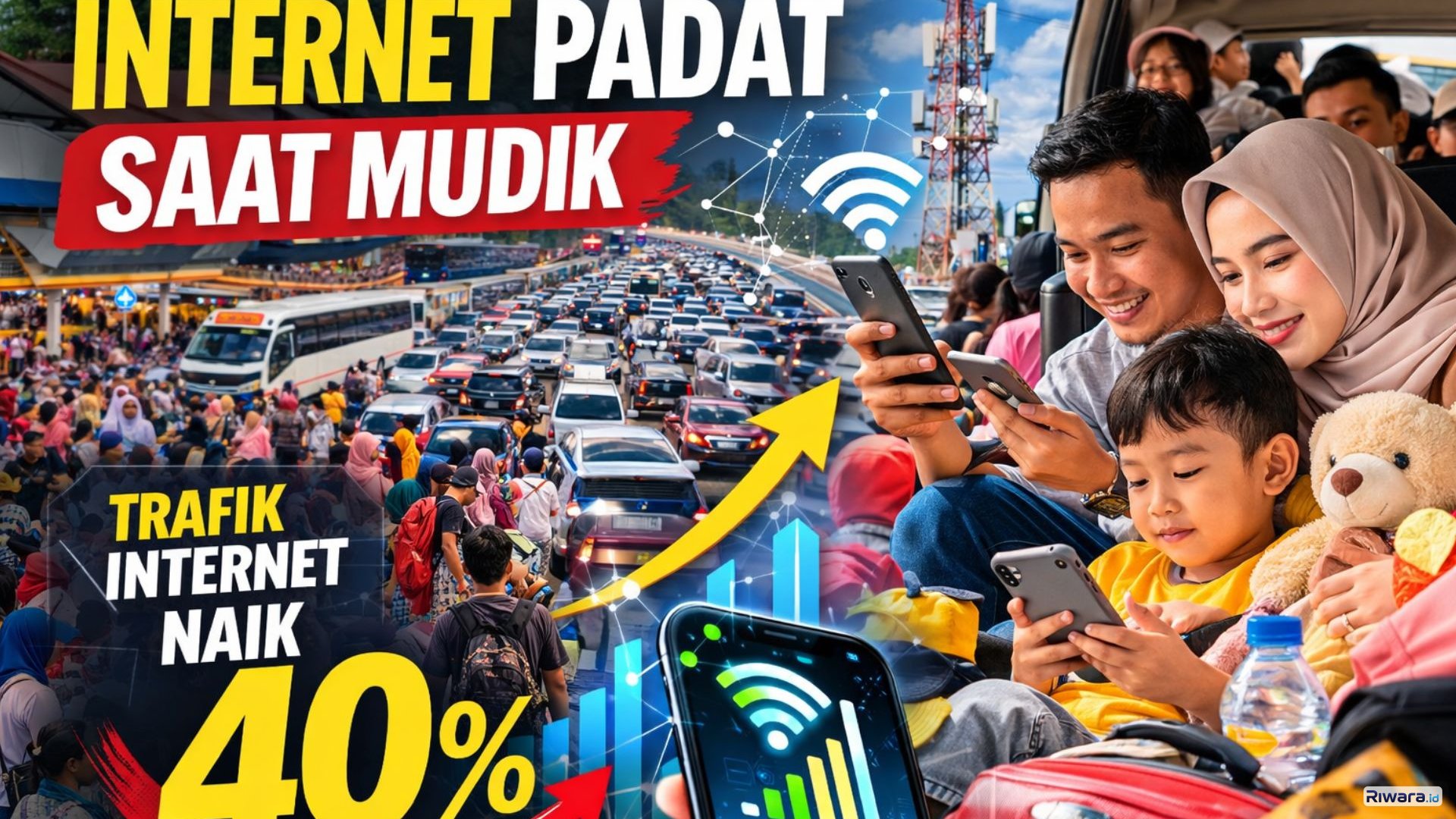 Pemudik memanfaatkan smartphone saat beristirahat di rest area dan perjalanan menuju kampung halaman. Operator telekomunikasi mencatat lonjakan trafik internet hingga sekitar 40 persen selama periode mudik Lebaran.